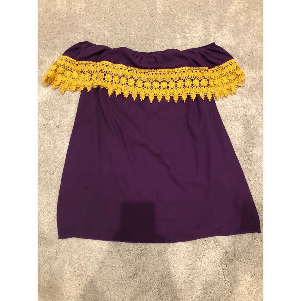 Off the shoulder purple and gold dress, LSU!